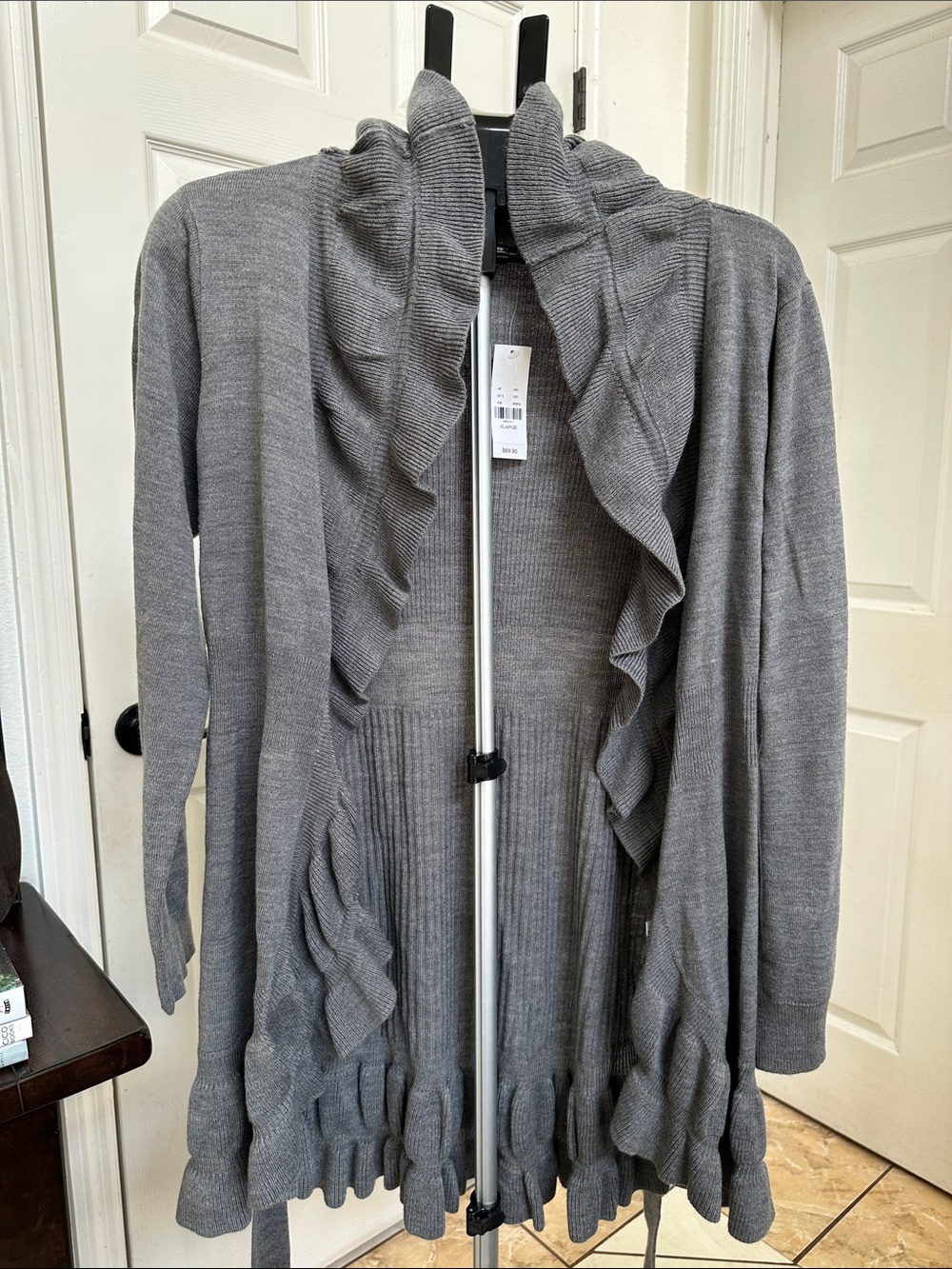 New York & Company Gray Ruffle Open-Front Women's Sweater Cardigan in Size XL